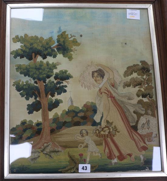 A Regency silk picture of a mother and child